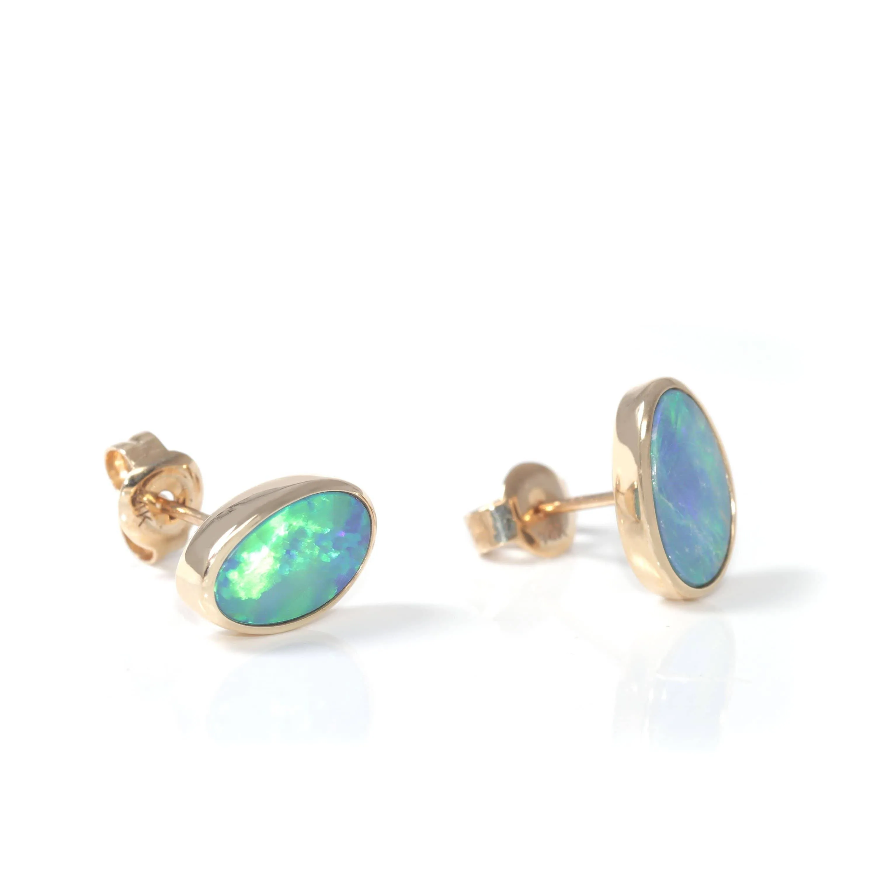 Baikalla™ 14k Yellow Gold Natural Freeform Australian Blue Opal Bezel Set Earrings