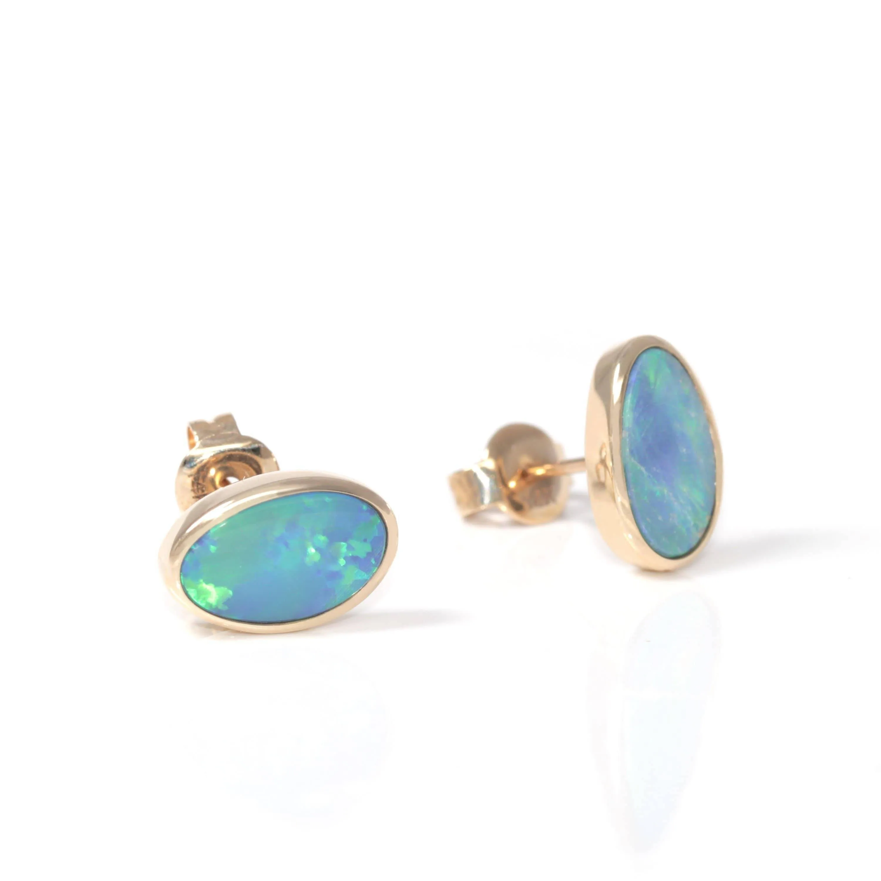 Baikalla™ 14k Yellow Gold Natural Freeform Australian Blue Opal Bezel Set Earrings