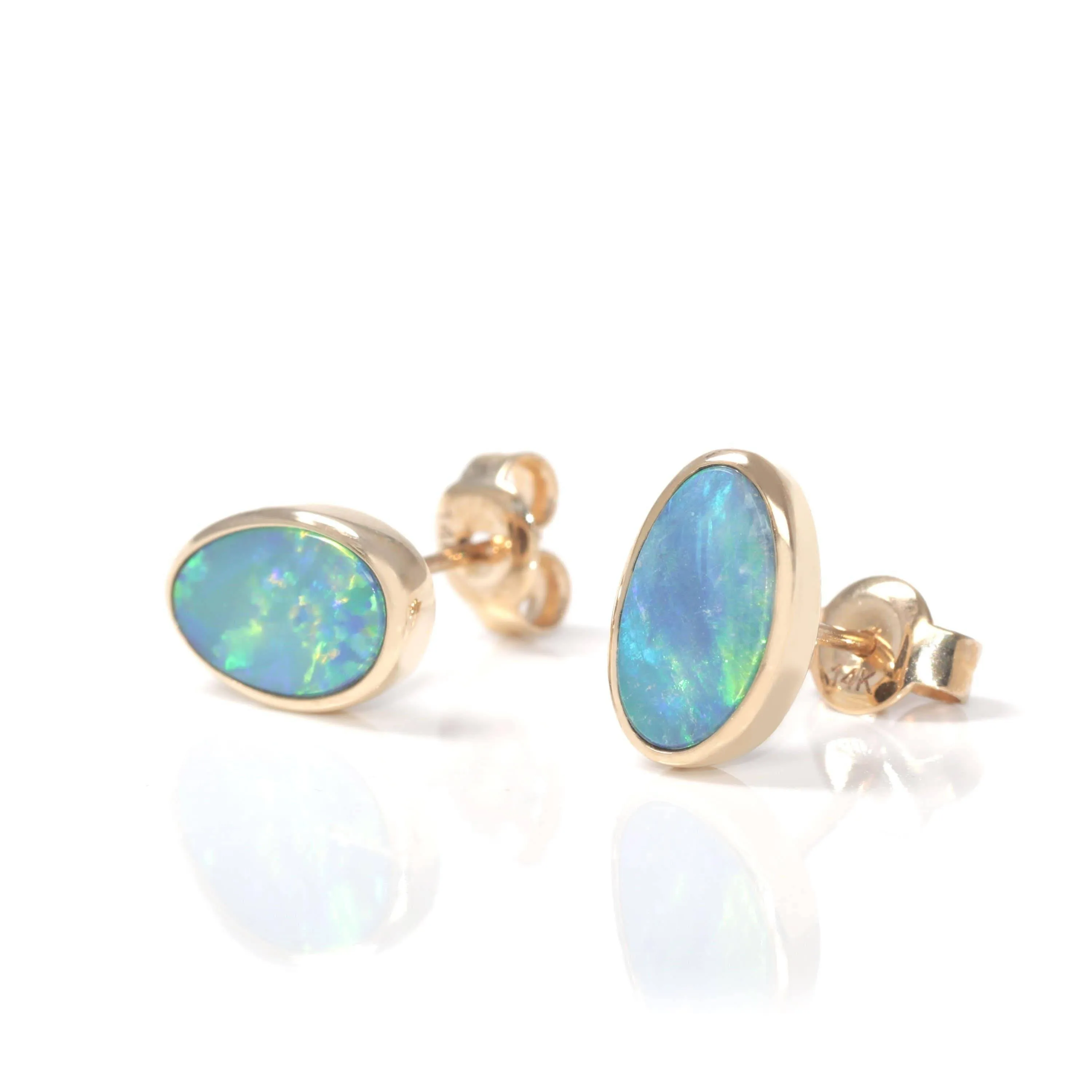 Baikalla™ 14k Yellow Gold Natural Freeform Australian Blue Opal Bezel Set Earrings