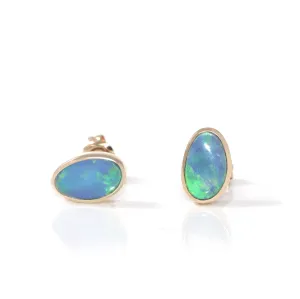 Baikalla™ 14k Yellow Gold Natural Freeform Australian Blue Opal Bezel Set Earrings