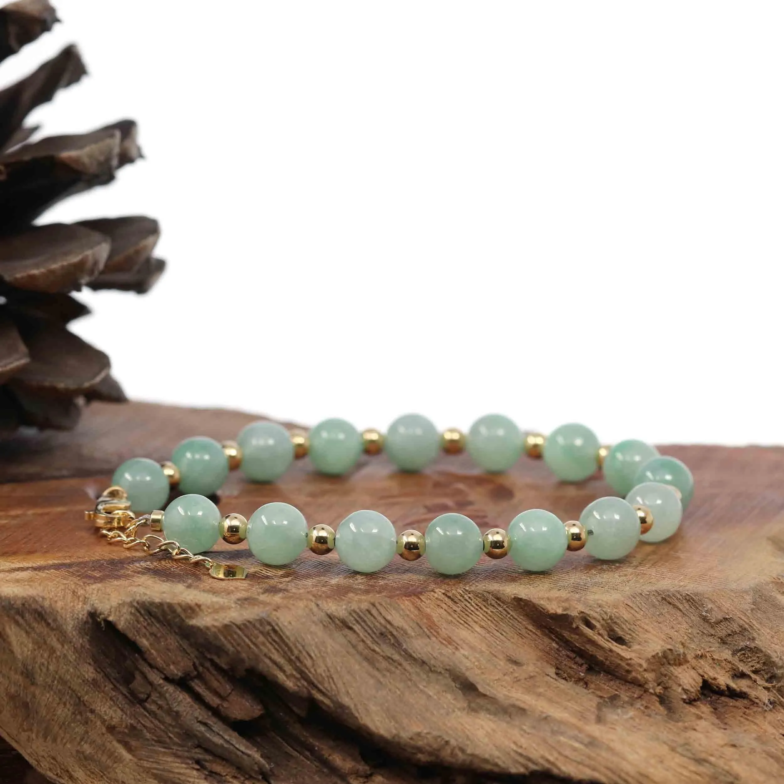 Baikalla Genuine Ice Light Green Jadeite Jade Round Beads Bracelet With 18K Yellow Gold Clasp and Gold Beads ( 7.8 mm )