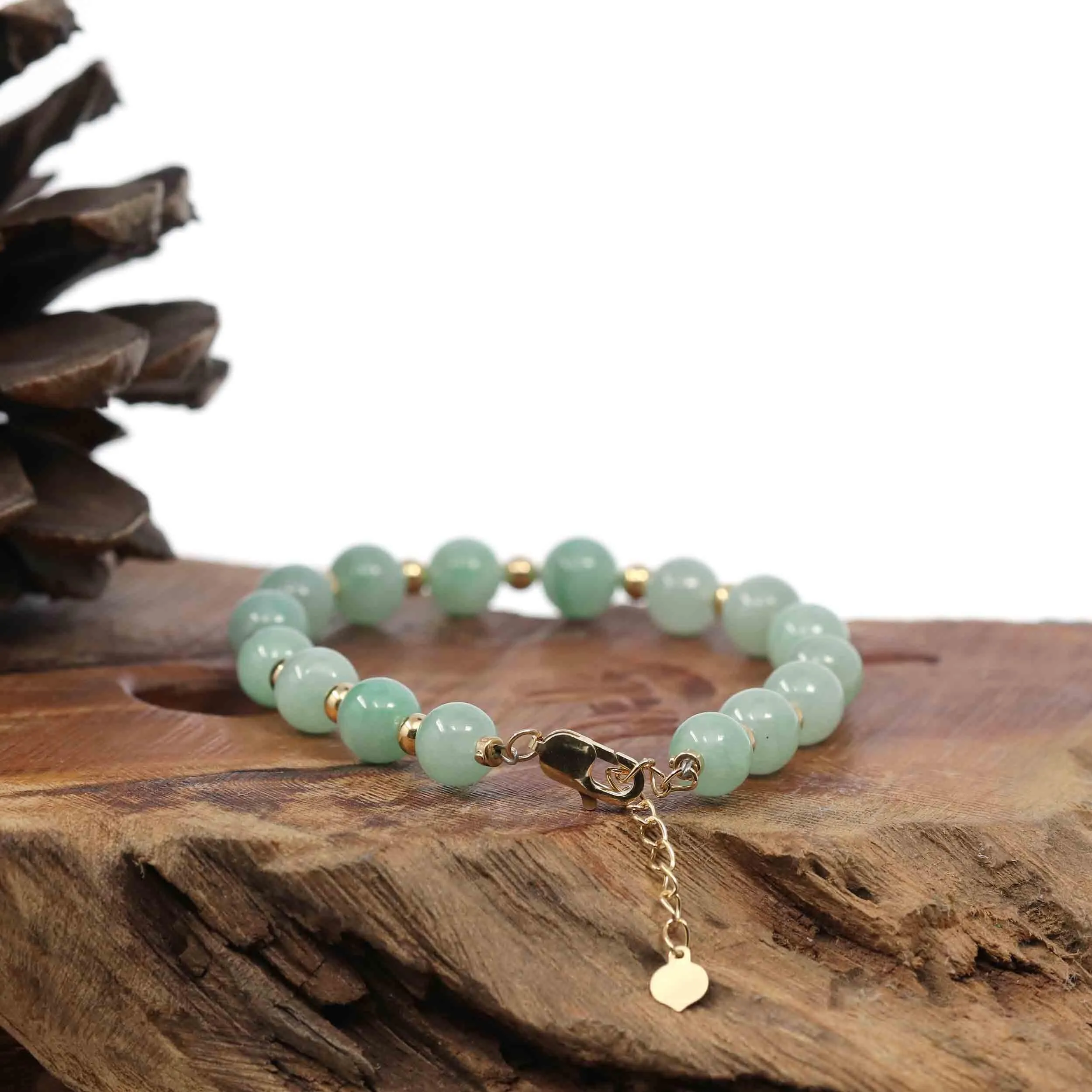 Baikalla Genuine Ice Light Green Jadeite Jade Round Beads Bracelet With 18K Yellow Gold Clasp and Gold Beads ( 7.8 mm )