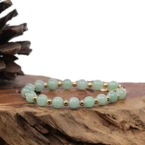Baikalla Genuine Ice Light Green Jadeite Jade Round Beads Bracelet With 18K Yellow Gold Clasp and Gold Beads ( 7.8 mm )