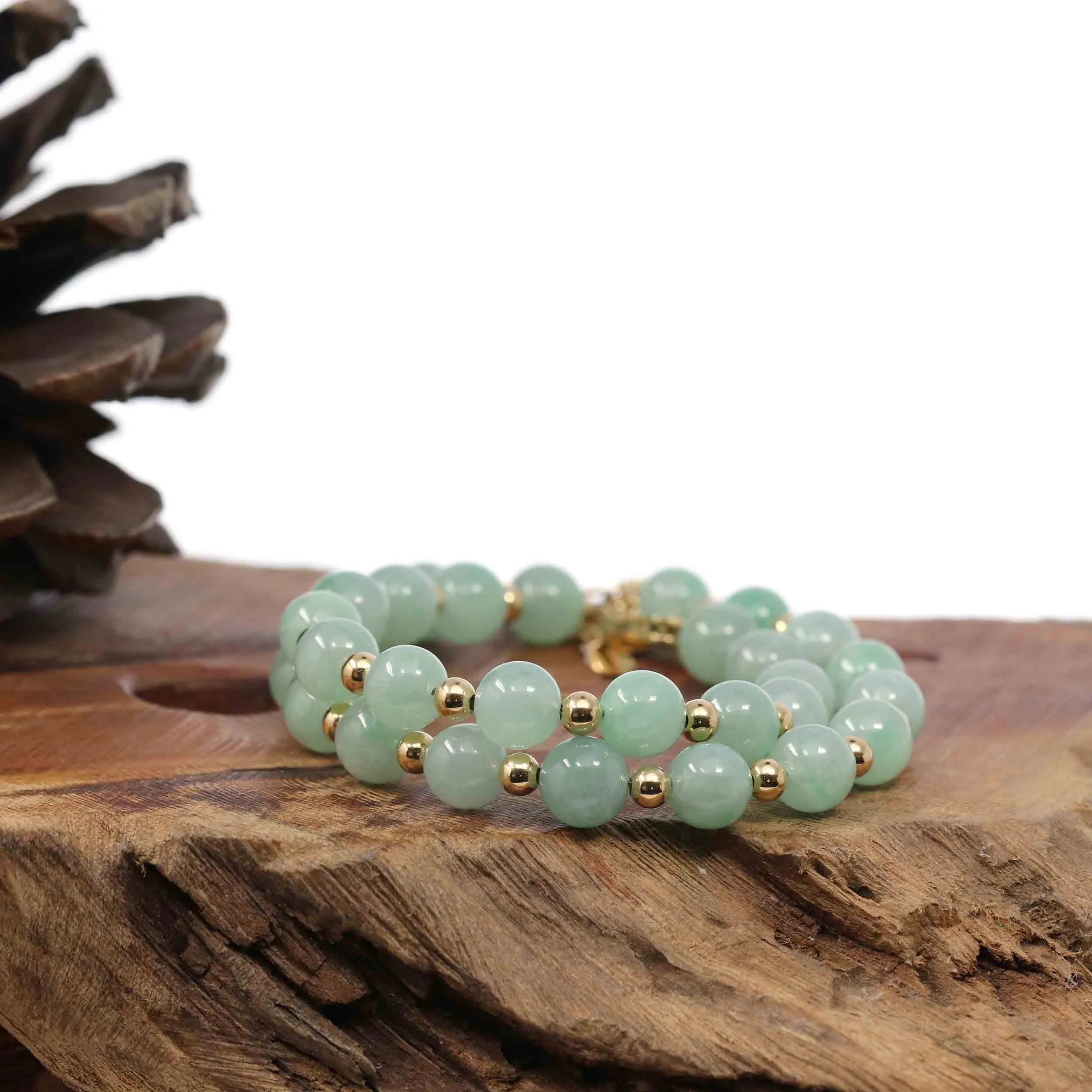 Baikalla Genuine Ice Light Green Jadeite Jade Round Beads Bracelet With 18K Yellow Gold Clasp and Gold Beads ( 7.8 mm )