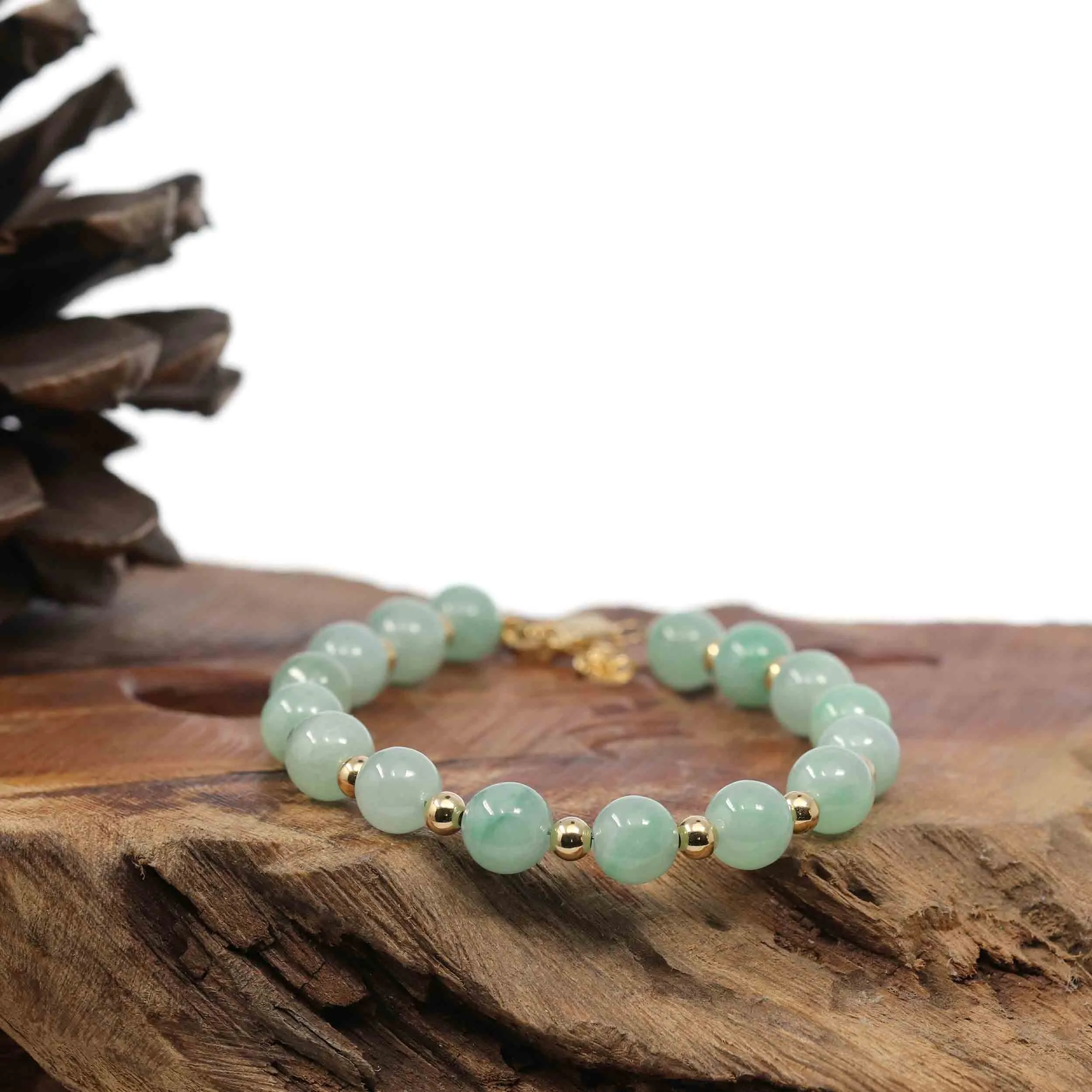 Baikalla Genuine Ice Light Green Jadeite Jade Round Beads Bracelet With 18K Yellow Gold Clasp and Gold Beads ( 7.8 mm )