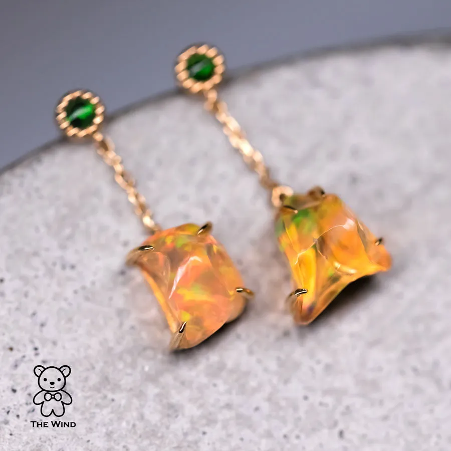 Beautiful Mexican Fire Opal & Tsavorite Drop Earrings 18K Yellow Gold