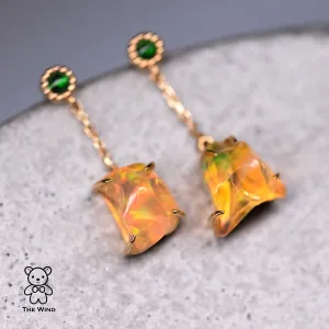 Beautiful Mexican Fire Opal & Tsavorite Drop Earrings 18K Yellow Gold