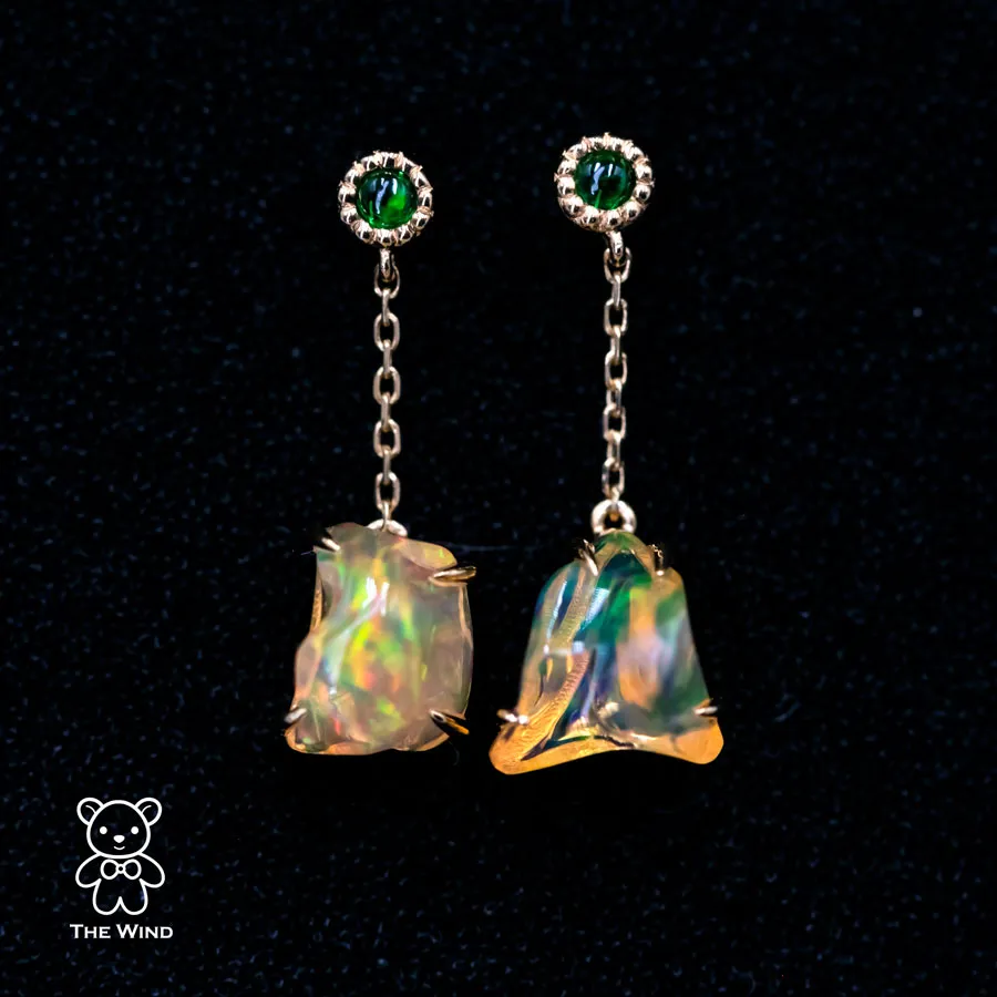 Beautiful Mexican Fire Opal & Tsavorite Drop Earrings 18K Yellow Gold