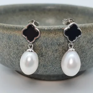 Black Agate Clover & Freshwater Pearl Drop Earring, Sterling Silver