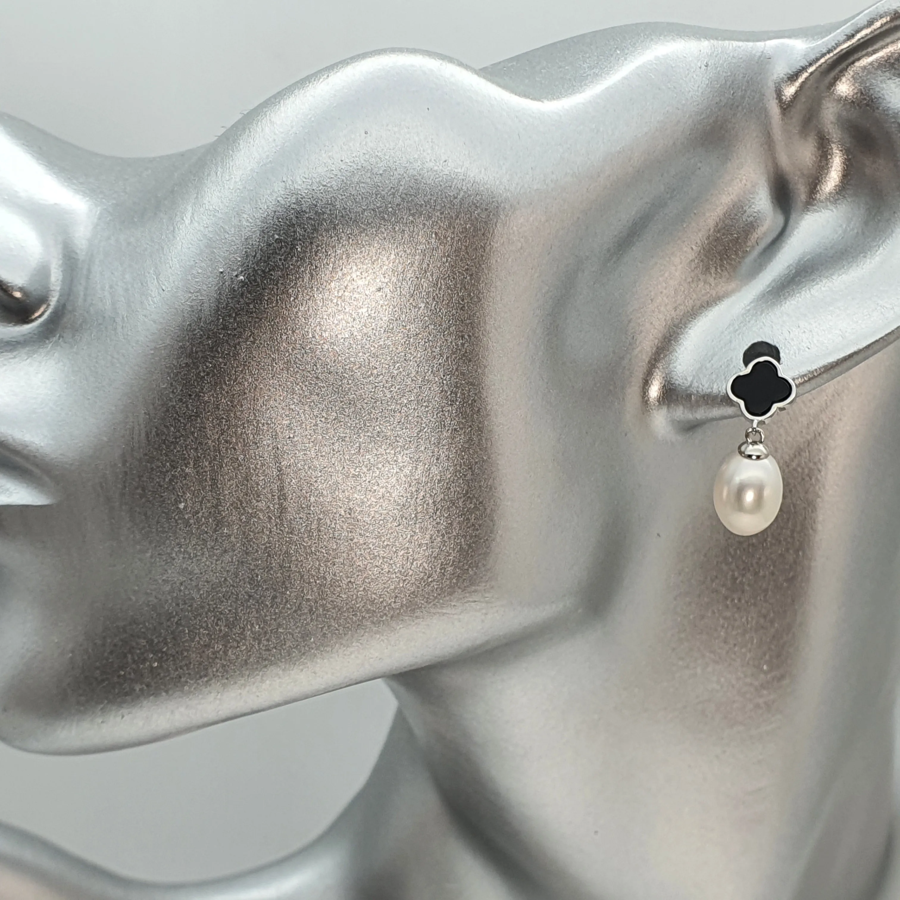 Black Agate Clover & Freshwater Pearl Drop Earring, Sterling Silver