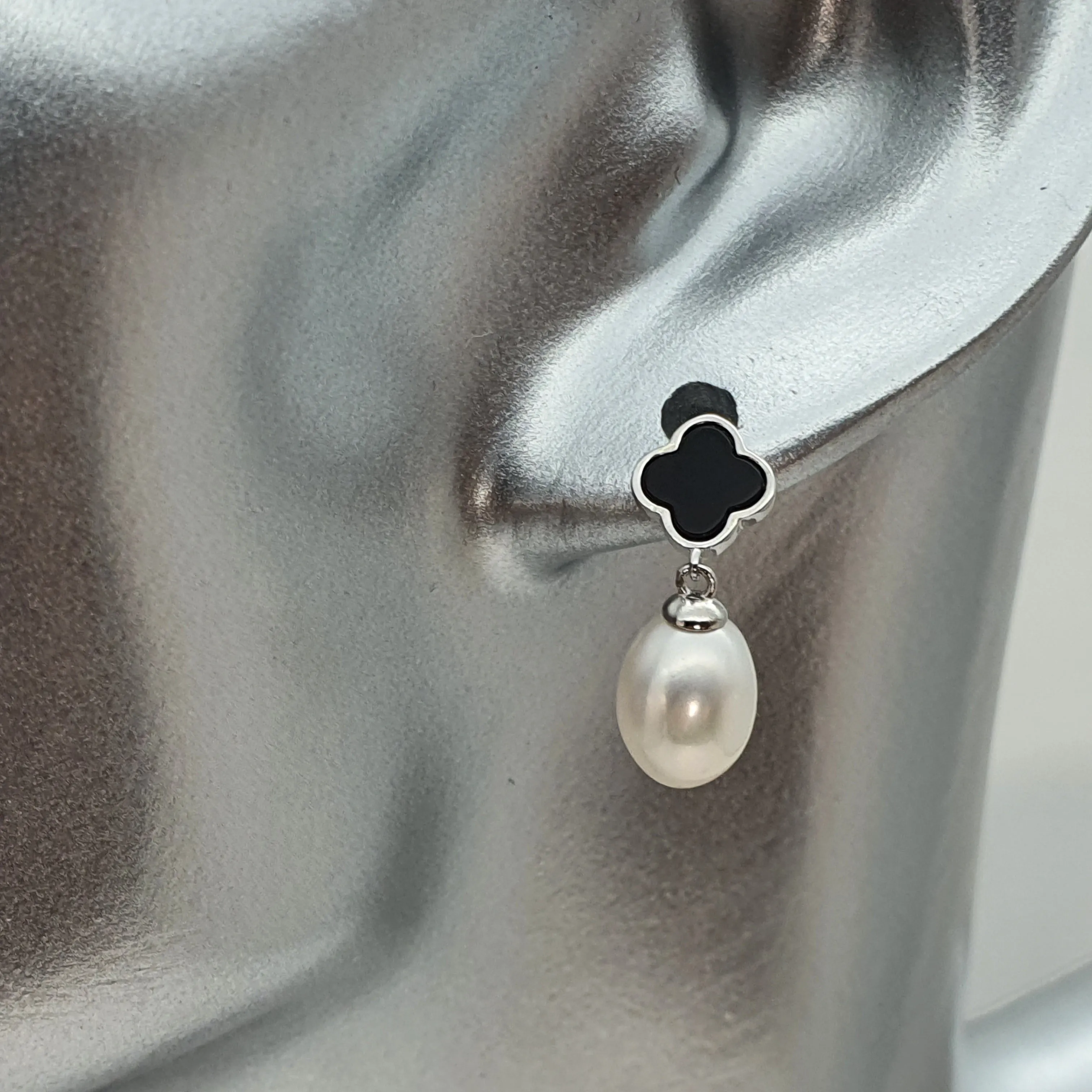 Black Agate Clover & Freshwater Pearl Drop Earring, Sterling Silver