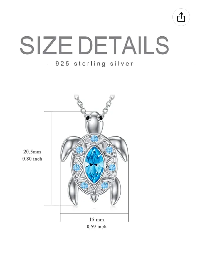 Blue Diamond Turtle Necklace Aquamarine Austrian Crystal Pendant Beach Ocean Tropical Sea Turtle Jewelry Hawaiian Chain Gift 925 Sterling Silver 20in.