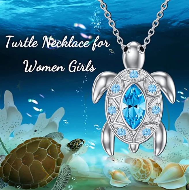 Blue Diamond Turtle Necklace Aquamarine Austrian Crystal Pendant Beach Ocean Tropical Sea Turtle Jewelry Hawaiian Chain Gift 925 Sterling Silver 20in.