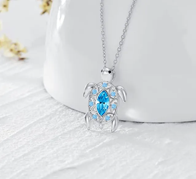 Blue Diamond Turtle Necklace Aquamarine Austrian Crystal Pendant Beach Ocean Tropical Sea Turtle Jewelry Hawaiian Chain Gift 925 Sterling Silver 20in.