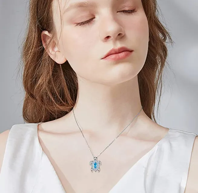 Blue Diamond Turtle Necklace Aquamarine Austrian Crystal Pendant Beach Ocean Tropical Sea Turtle Jewelry Hawaiian Chain Gift 925 Sterling Silver 20in.