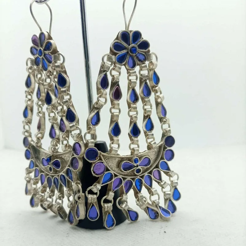 Blue Glass Stone Kuchi Massive Earrings