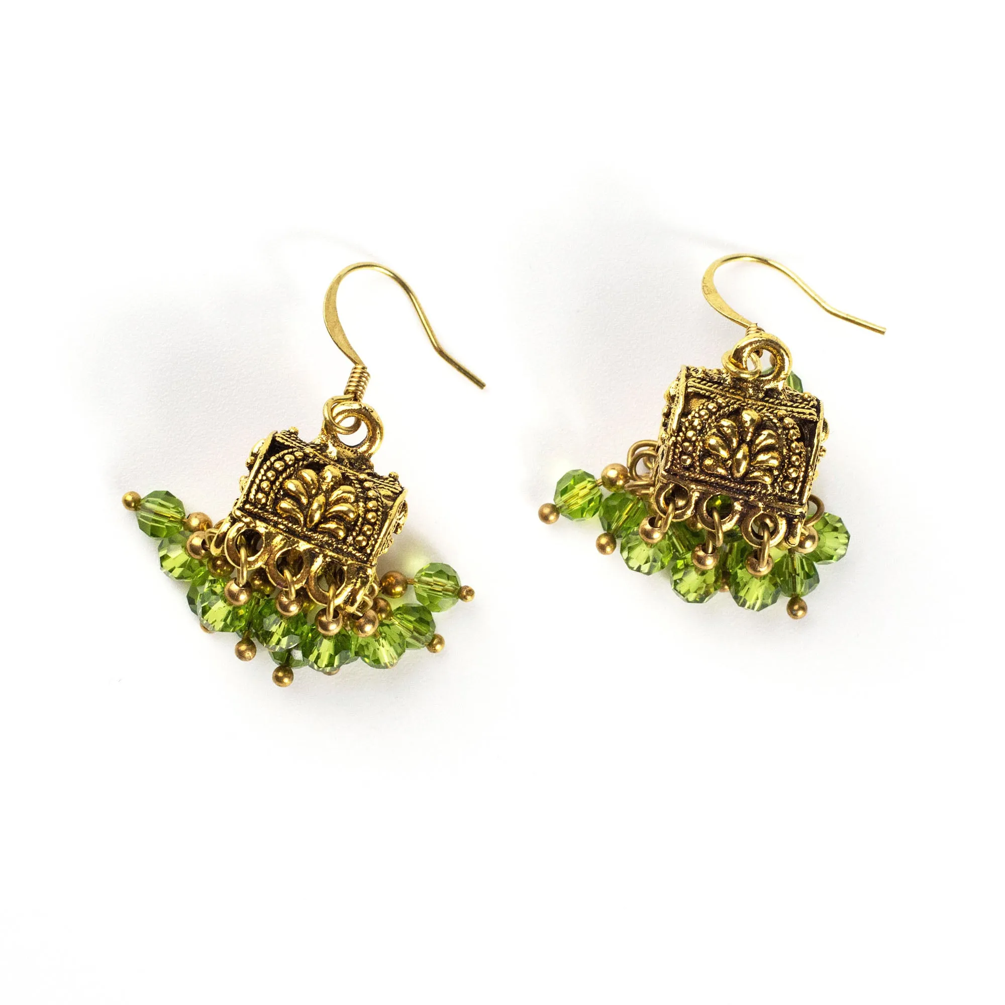 Box Green Beads Brass Earrings