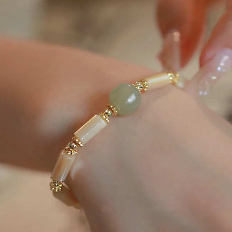 Buddha Stones 14K Gold Plated Tridacna Stone Hetian Jade Bead Bamboo Pattern Bracelet