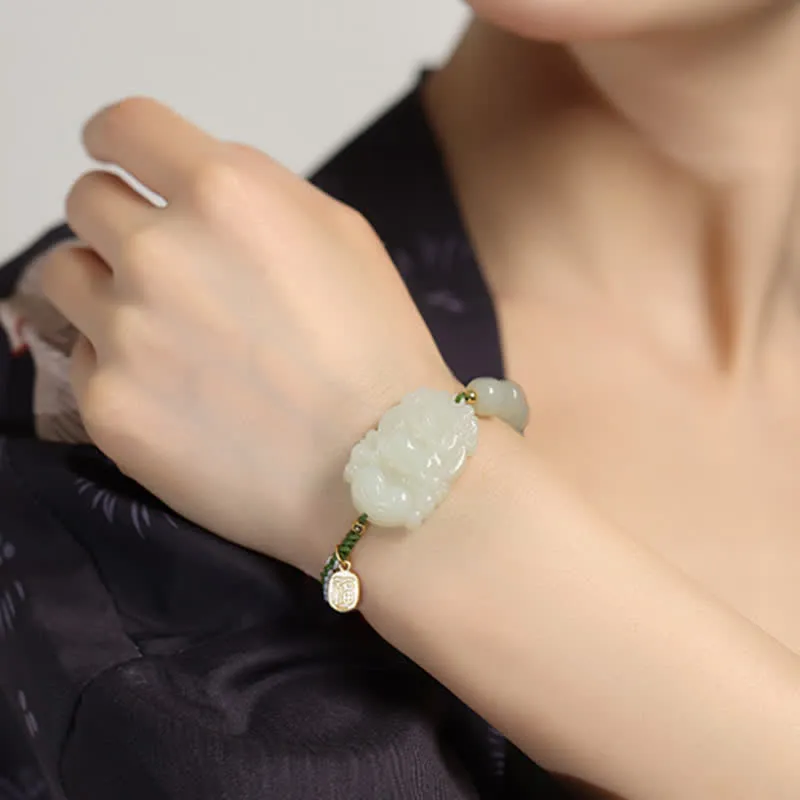 Buddha Stones 925 Sterling Silver Chinese Zodiac Hetian Jade Happiness Luck String Bracelet
