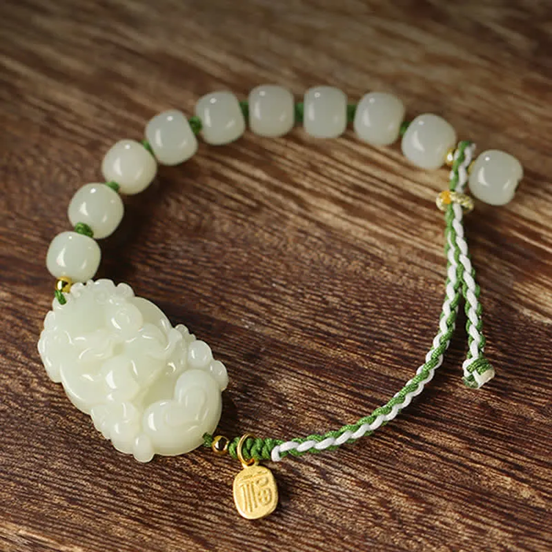 Buddha Stones 925 Sterling Silver Chinese Zodiac Hetian Jade Happiness Luck String Bracelet