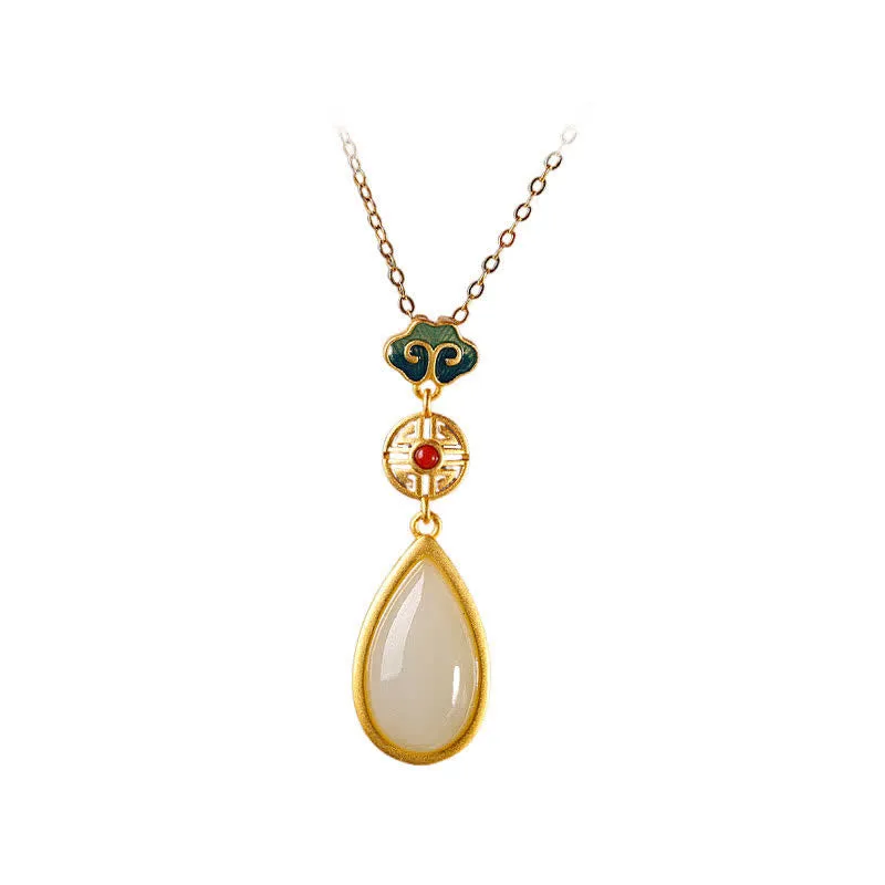 Buddha Stones 925 Sterling Silver Hetian White Jade Water Drop Chain Necklace Pendant Bracelet