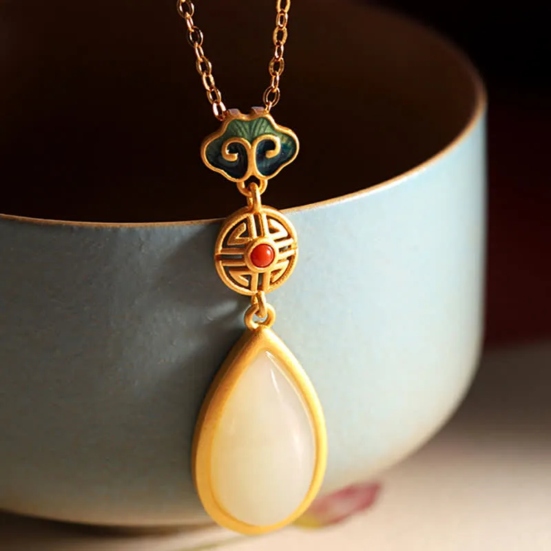 Buddha Stones 925 Sterling Silver Hetian White Jade Water Drop Chain Necklace Pendant Bracelet