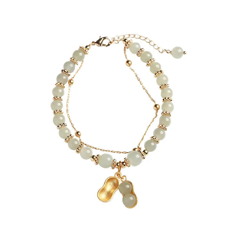 Buddha Stones 925 Sterling Silver Natural Hetian Jade Good Things Happen Peanut Charm Bracelet
