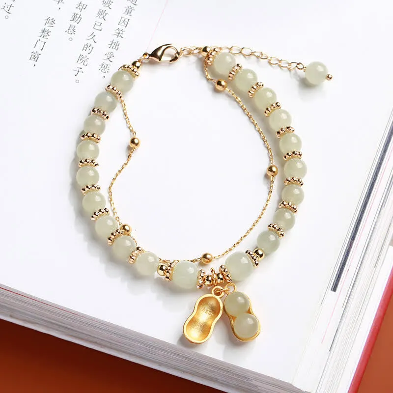 Buddha Stones 925 Sterling Silver Natural Hetian Jade Good Things Happen Peanut Charm Bracelet