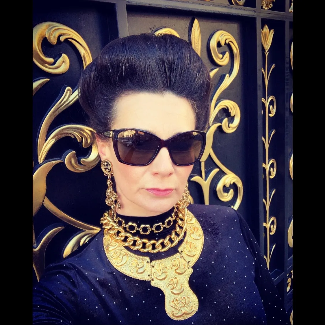 Butler and Wilson black and pearl gold chandelier earrings