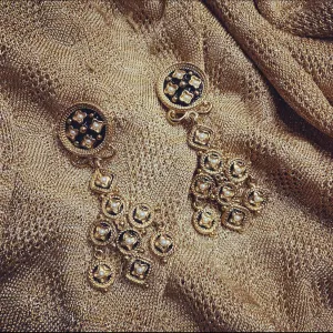 Butler and Wilson black and pearl gold chandelier earrings