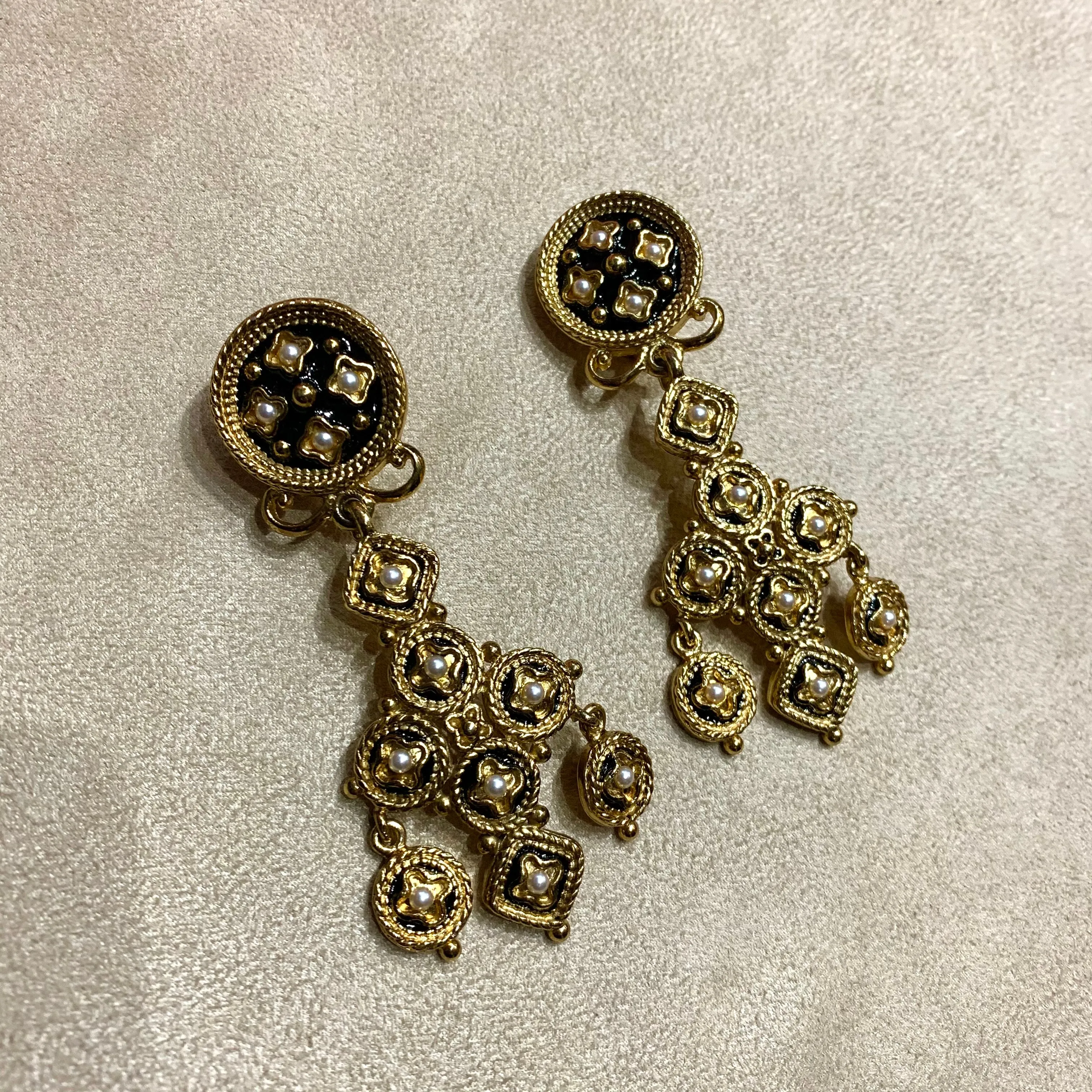 Butler and Wilson black and pearl gold chandelier earrings