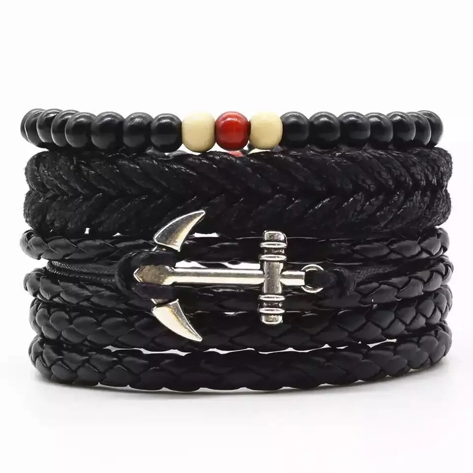 Card Punk Hardware Woven Bracelet Leather Bracelet Multi-layer Set Cross Vintage Ornament Men's