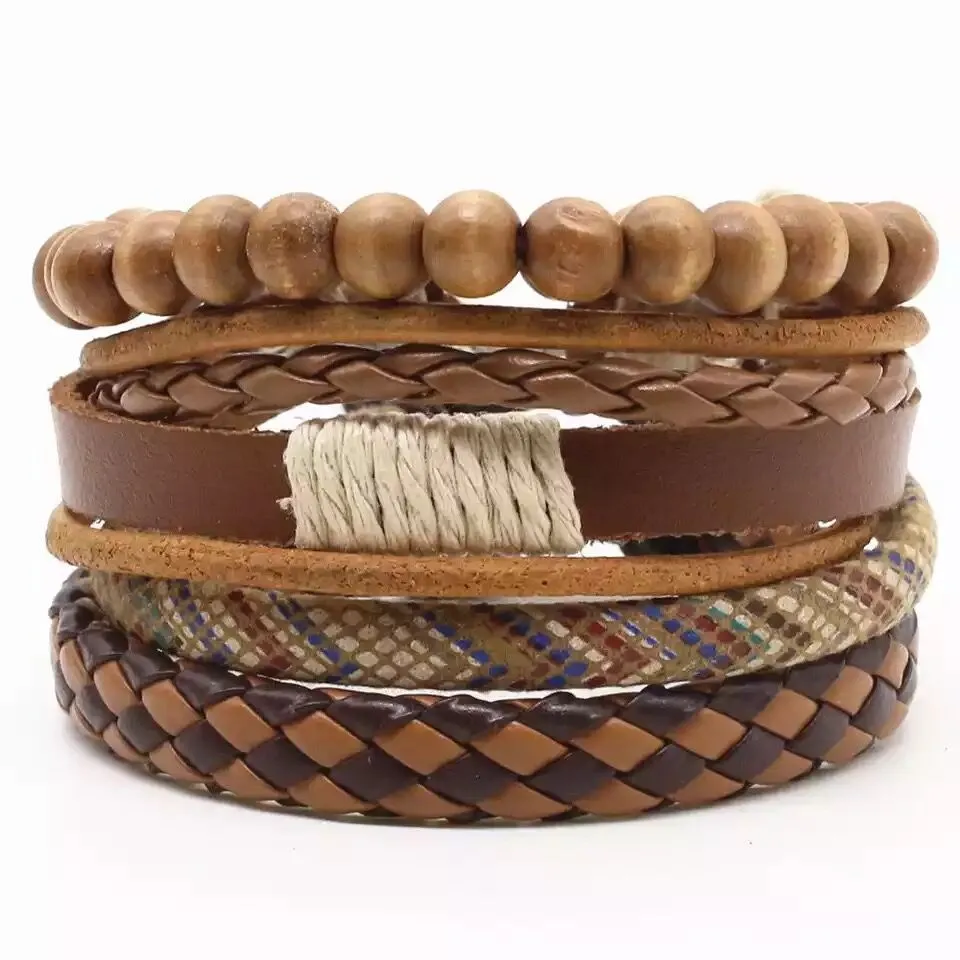 Card Punk Hardware Woven Bracelet Leather Bracelet Multi-layer Set Cross Vintage Ornament Men's