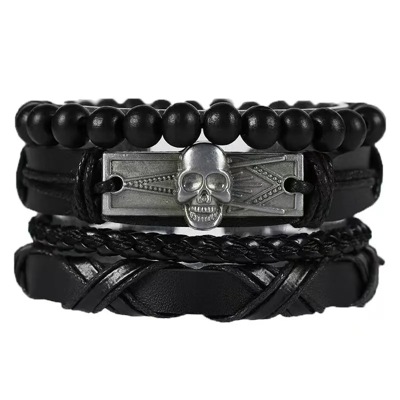Card Punk Hardware Woven Bracelet Leather Bracelet Multi-layer Set Cross Vintage Ornament Men's