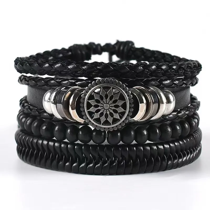 Card Punk Hardware Woven Bracelet Leather Bracelet Multi-layer Set Cross Vintage Ornament Men's
