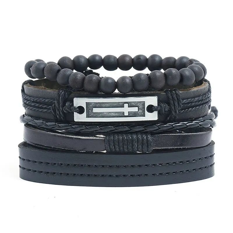 Card Punk Hardware Woven Bracelet Leather Bracelet Multi-layer Set Cross Vintage Ornament Men's
