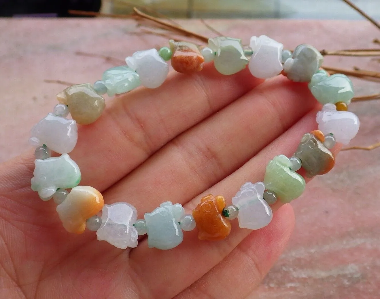 Certified Hand Carved 3 Color Natural Myanmar Burma A Jade Jadeite Zodiac Pig Bead Bracelet