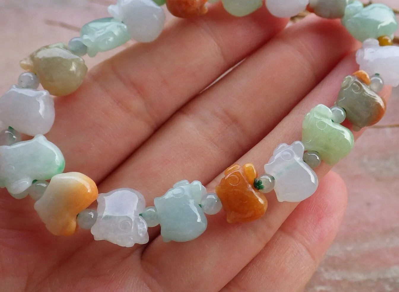Certified Hand Carved 3 Color Natural Myanmar Burma A Jade Jadeite Zodiac Pig Bead Bracelet