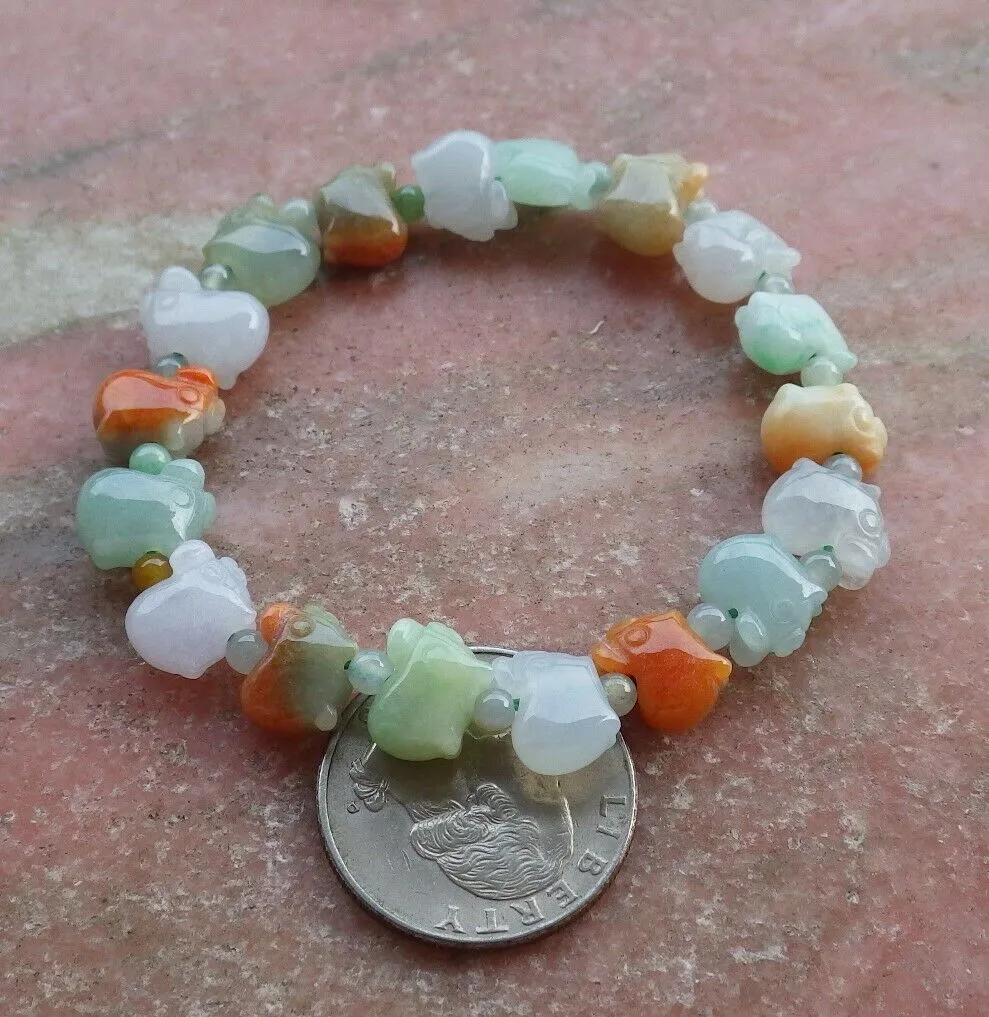 Certified Hand Carved 3 Color Natural Myanmar Burma A Jade Jadeite Zodiac Pig Bead Bracelet