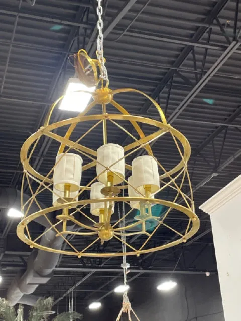 CHANDELIER AGED BRASS FINISH WITH ARGYLE WOVEN STRANDS WITH 6 BOX PLEAT SHADES