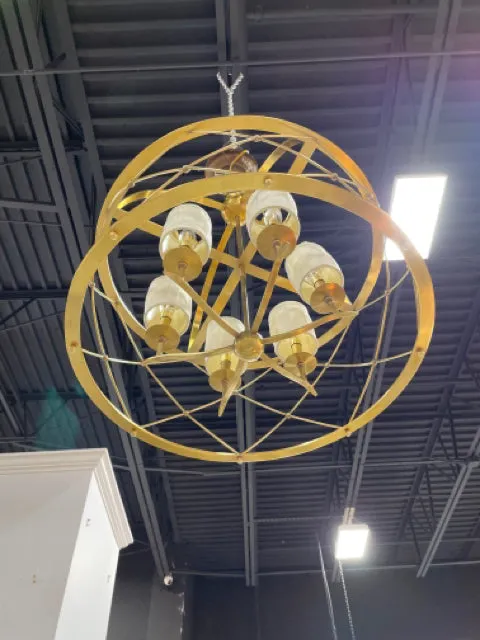 CHANDELIER AGED BRASS FINISH WITH ARGYLE WOVEN STRANDS WITH 6 BOX PLEAT SHADES