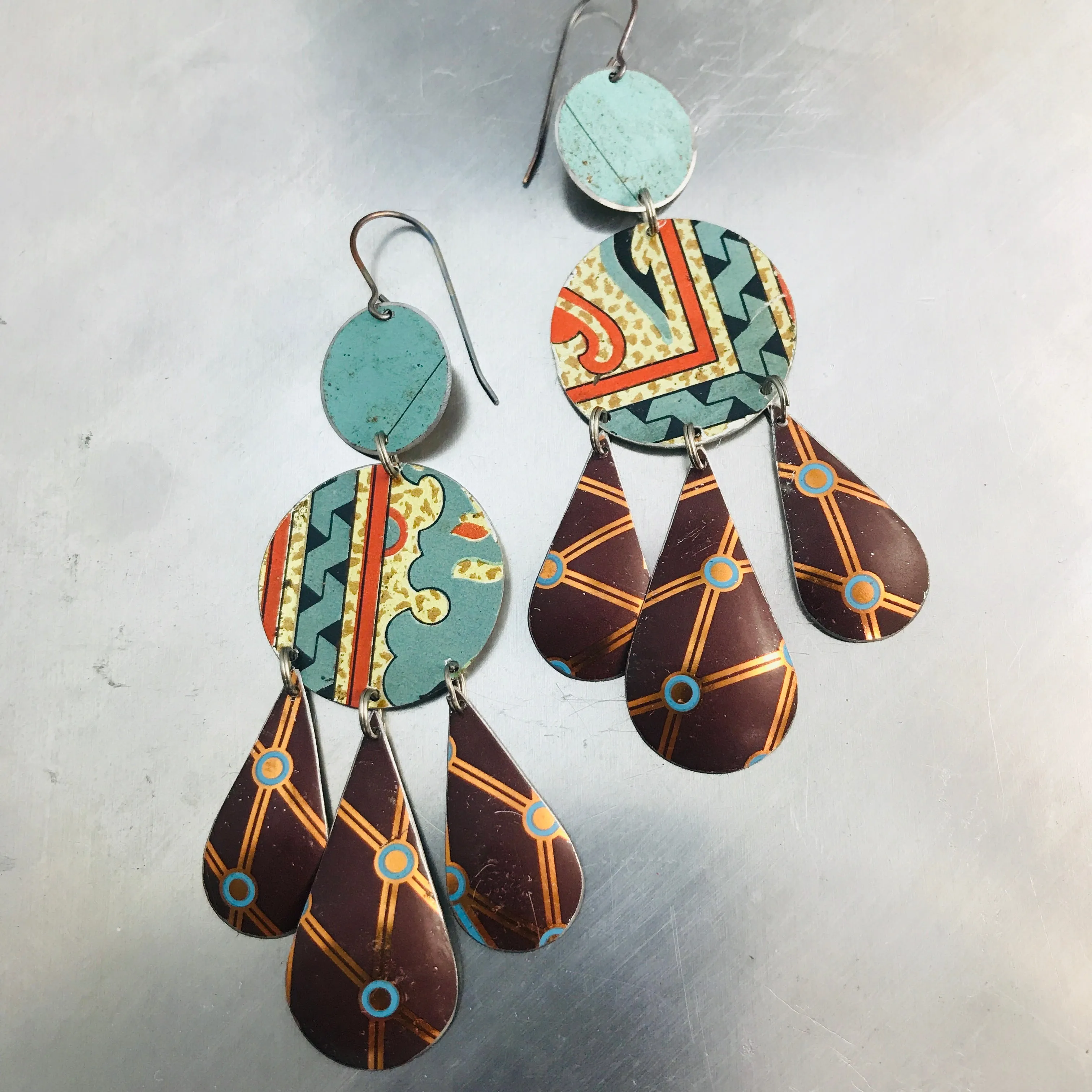 Chocolate and Mixed Aquas Zero Waste Tin Chandelier Earrings