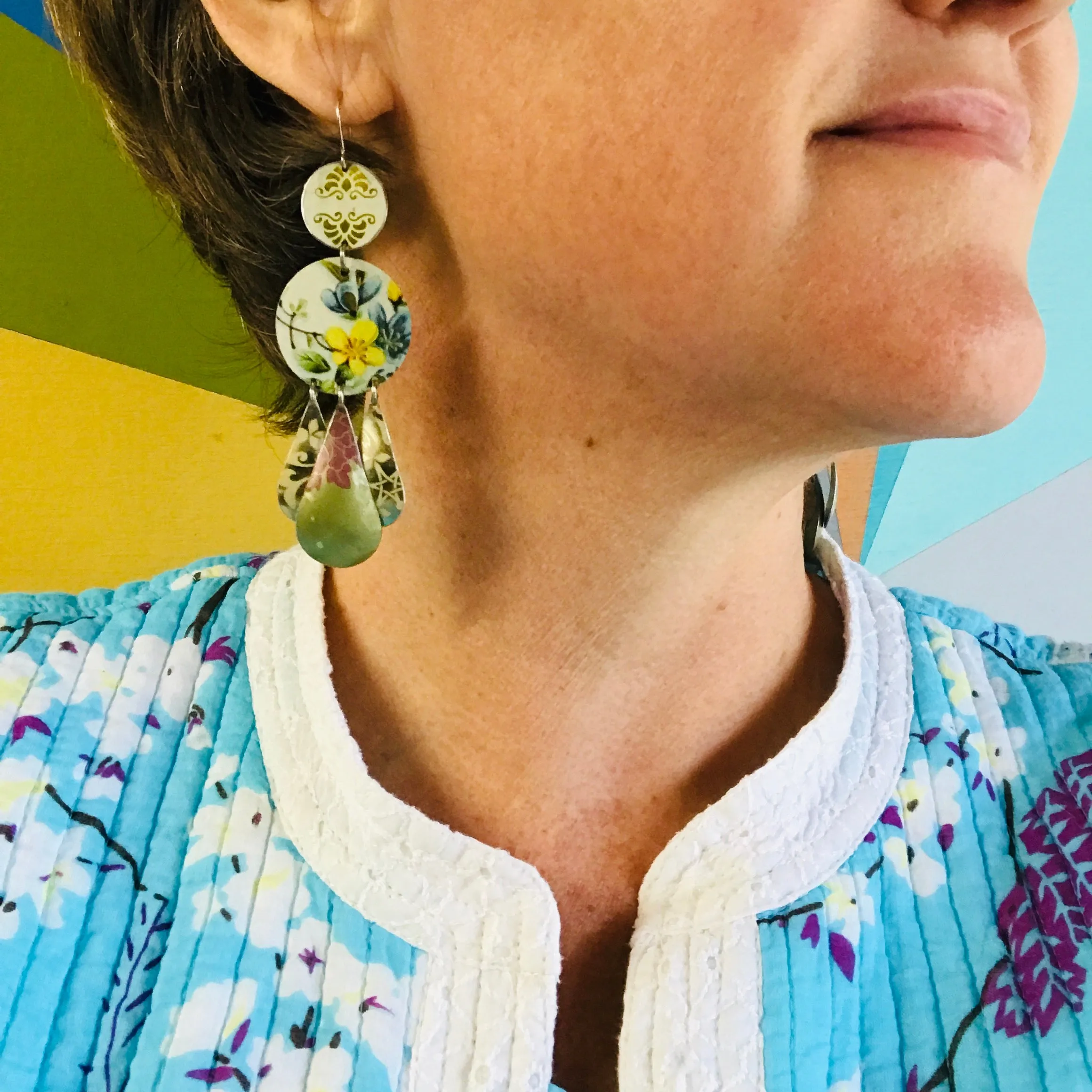 Chocolate and Mixed Aquas Zero Waste Tin Chandelier Earrings