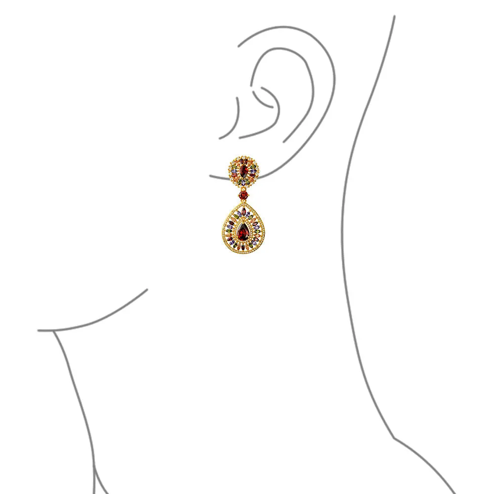 Cocktail Statement CZ Dangling Starburst Sunburst Teardrop Chandelier Earrings