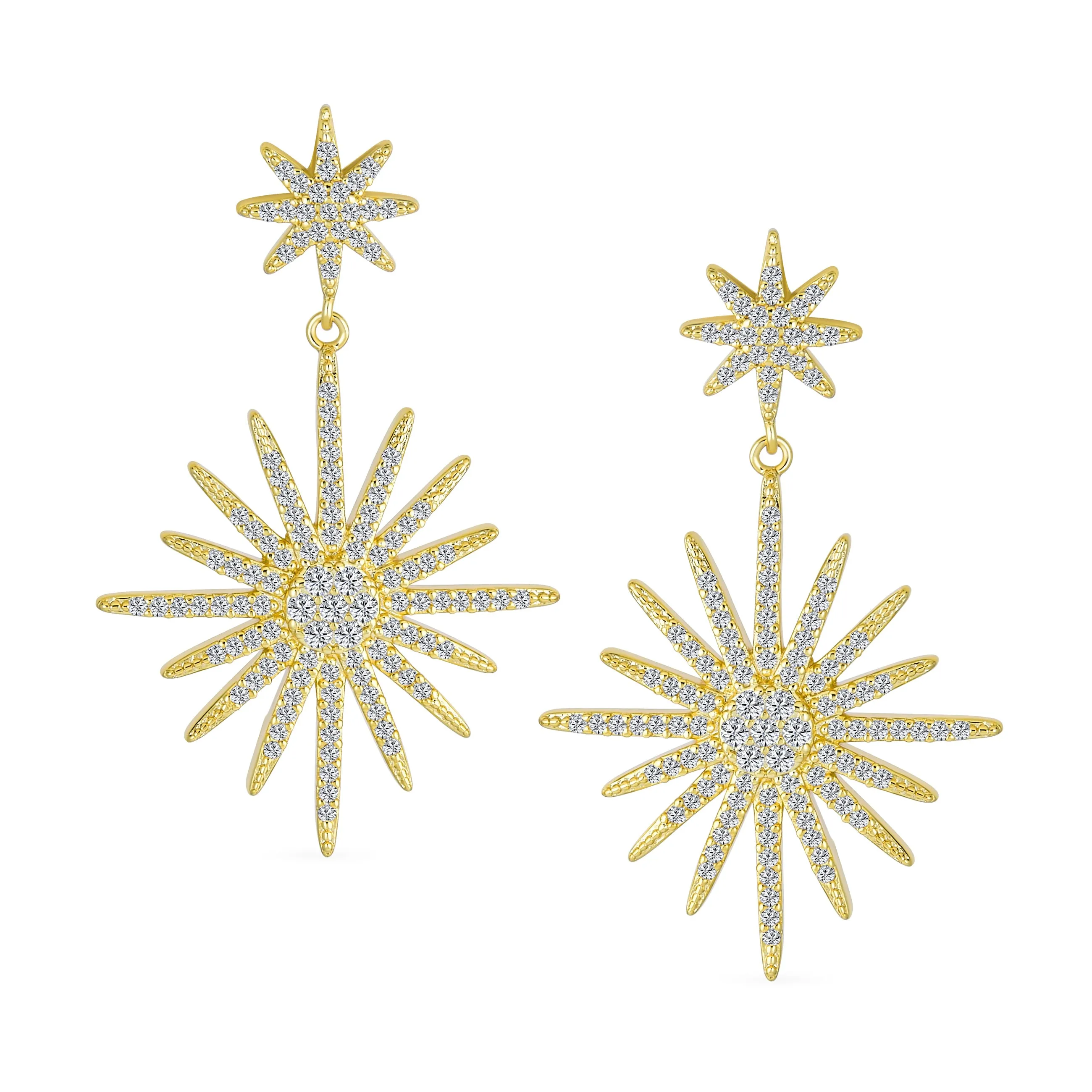 Cocktail Statement CZ Dangling Starburst Sunburst Teardrop Chandelier Earrings