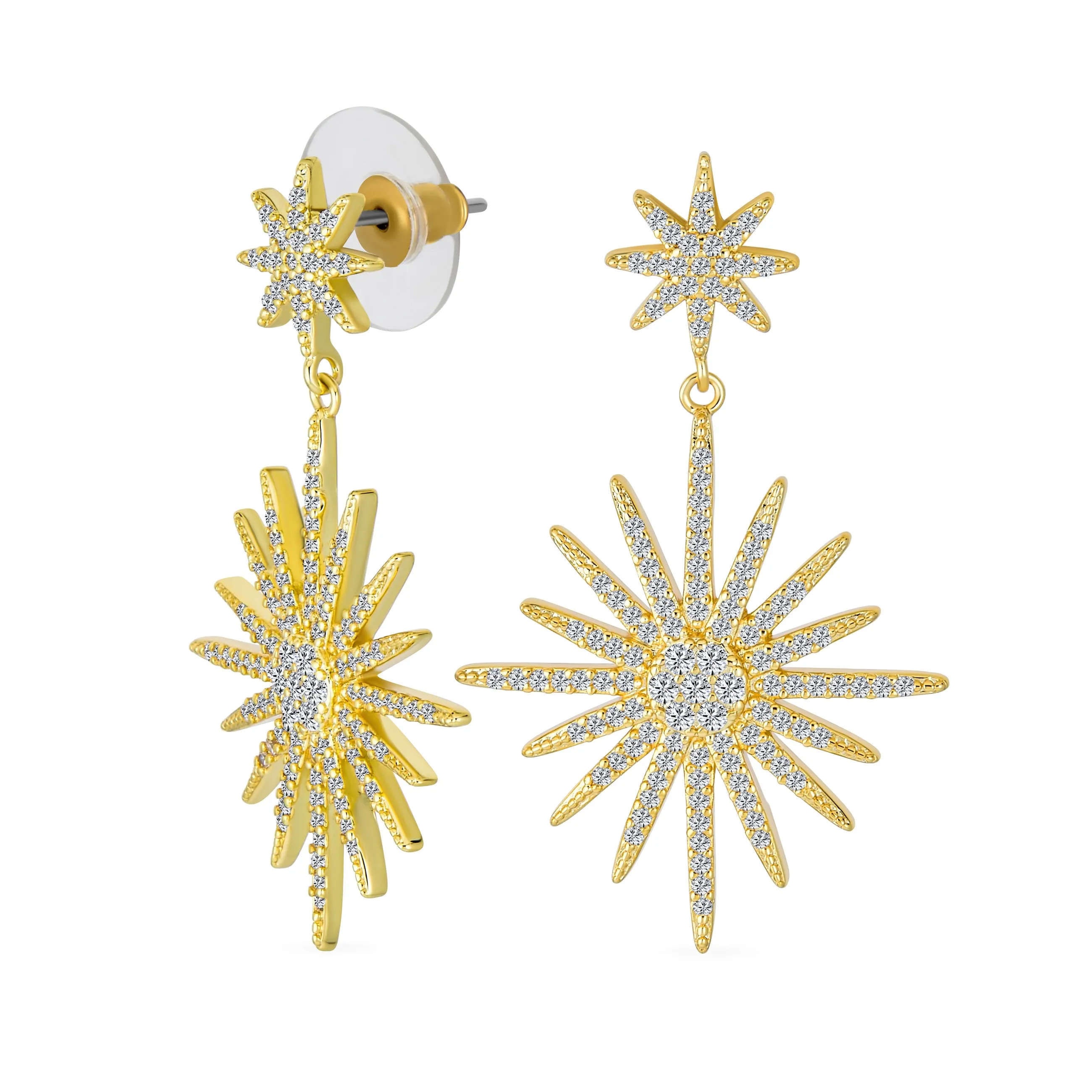 Cocktail Statement CZ Dangling Starburst Sunburst Teardrop Chandelier Earrings