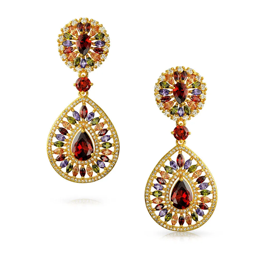 Cocktail Statement CZ Dangling Starburst Sunburst Teardrop Chandelier Earrings