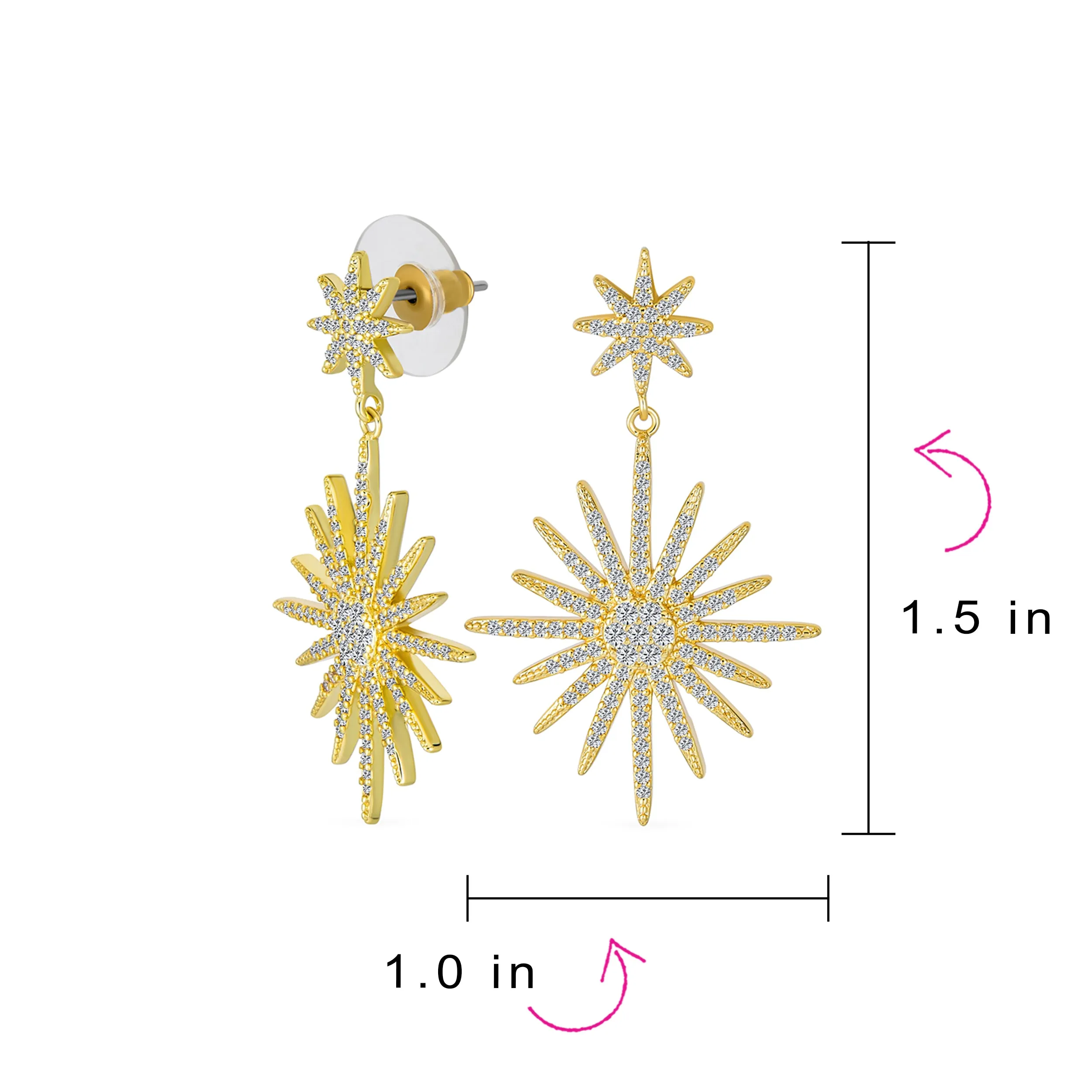 Cocktail Statement CZ Dangling Starburst Sunburst Teardrop Chandelier Earrings