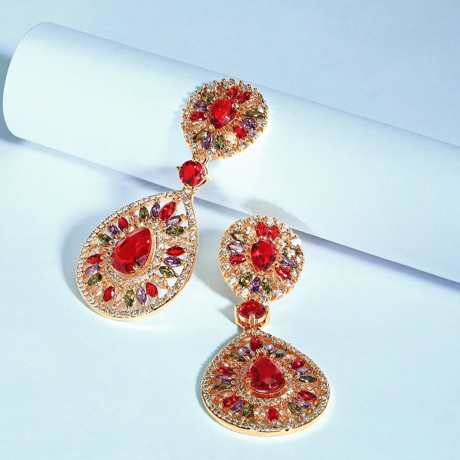 Cocktail Statement CZ Dangling Starburst Sunburst Teardrop Chandelier Earrings
