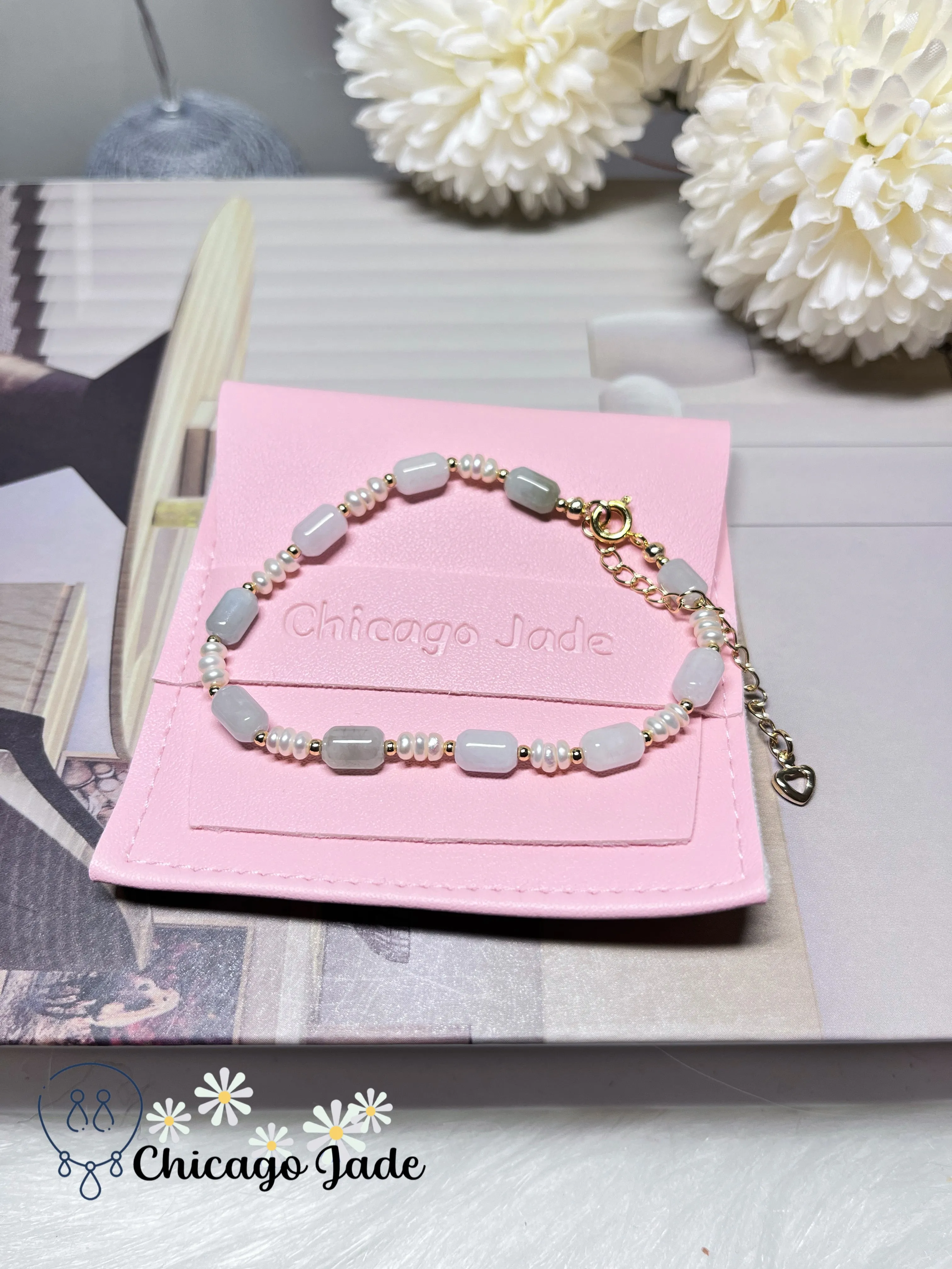 Dainty Minimalist Natural Grade A Authentic Untreated Jadeite Jade Feicui with Freshwater Pearls Handmade Bracelet